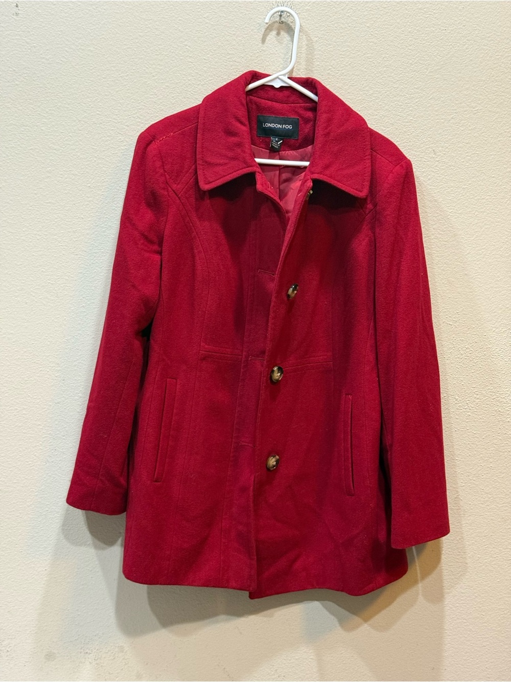 London Fog Red Single Breasted Pea Coat. Size L